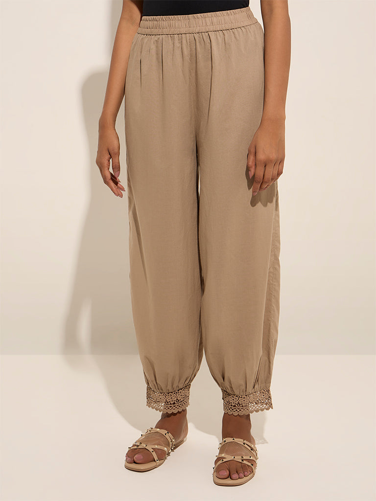 Westside Utsa Women's Beige Crochet-Detailed Harem-Style Cotton Pants for Everyday Front View