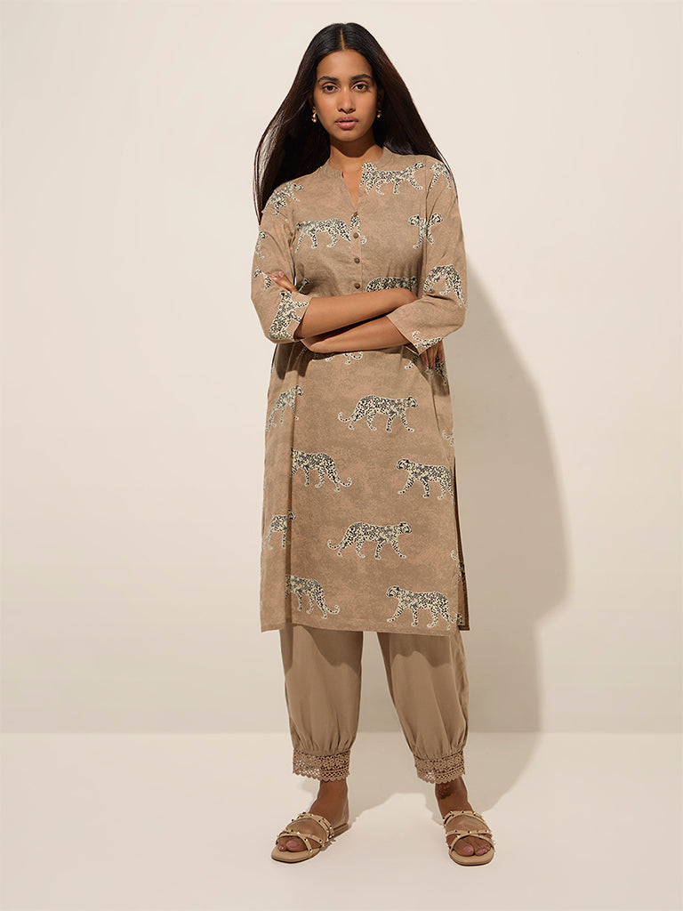 Westside Utsa Women's Beige Crochet-Detailed Harem-Style Cotton Pants for Everyday Full View