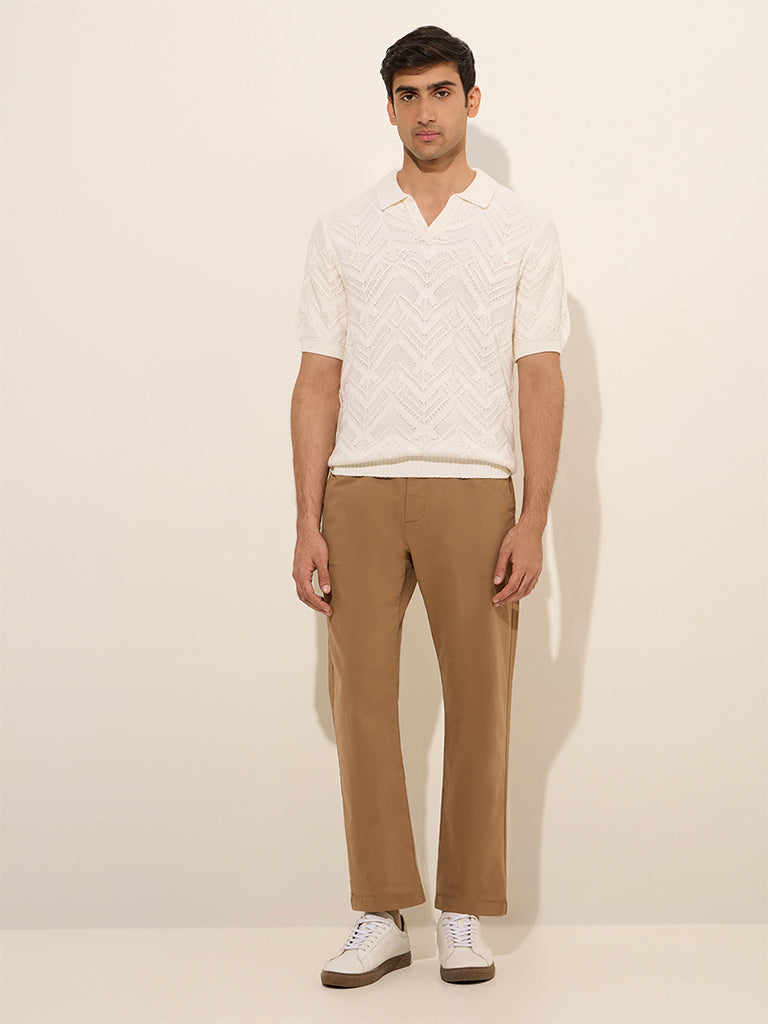 Westside Ascot Men's Taupe Solid Relaxed-Fit Mid-Rise Cotton-Blend Chinos for Casual Wear Full View