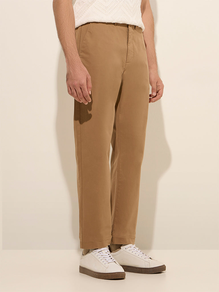 Westside Ascot Men's Taupe Solid Relaxed-Fit Mid-Rise Cotton-Blend Chinos for Casual Wear Front View