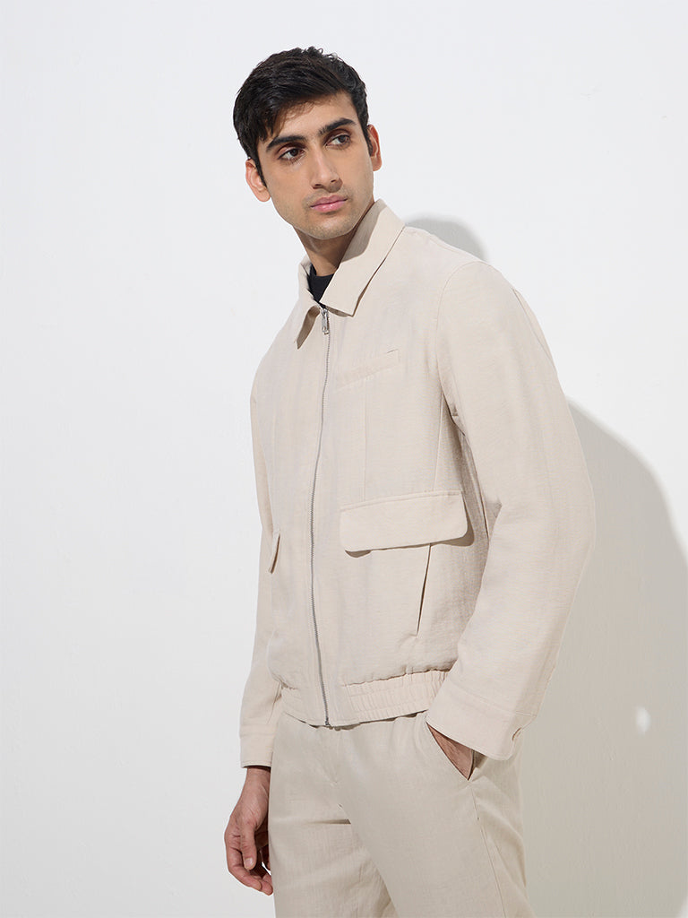 Westside Ascot Men's Beige Solid Relaxed-Fit Jacket for Casual Wear Front View