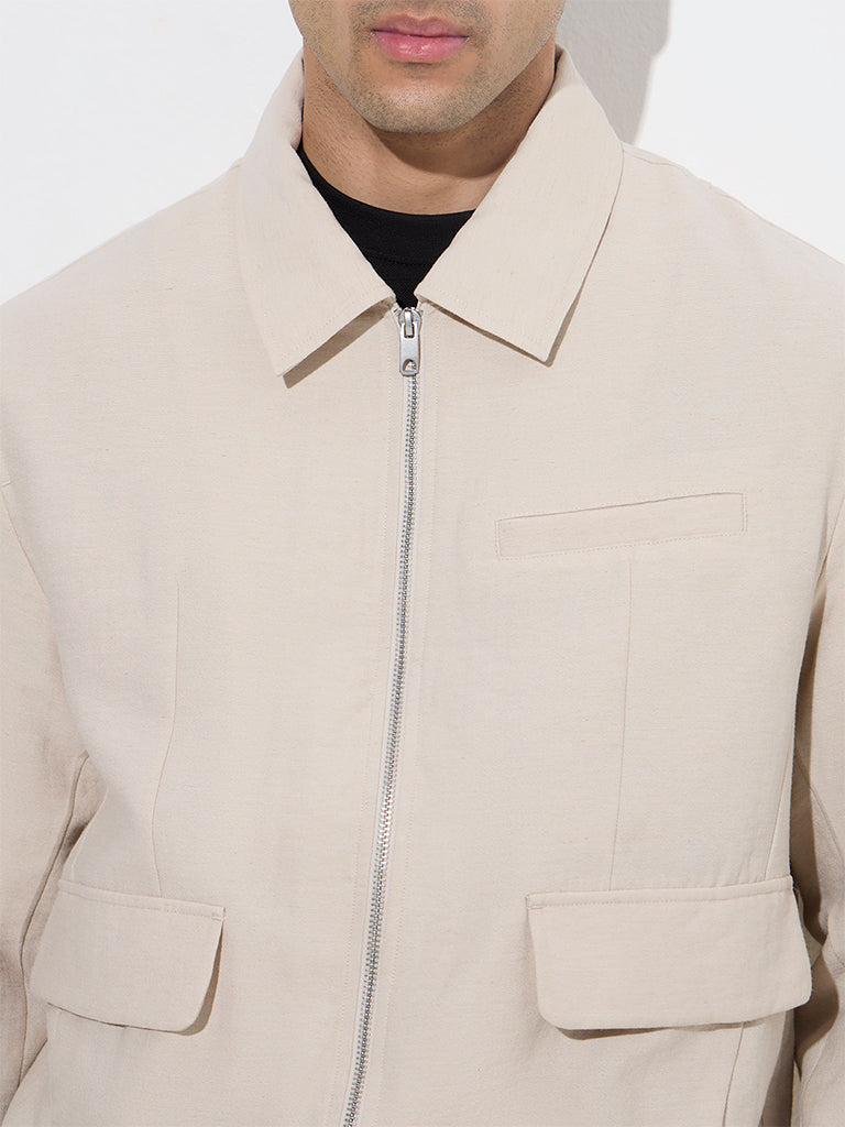 Westside Ascot Men's Beige Solid Relaxed-Fit Jacket for Casual Wear Zoomed View