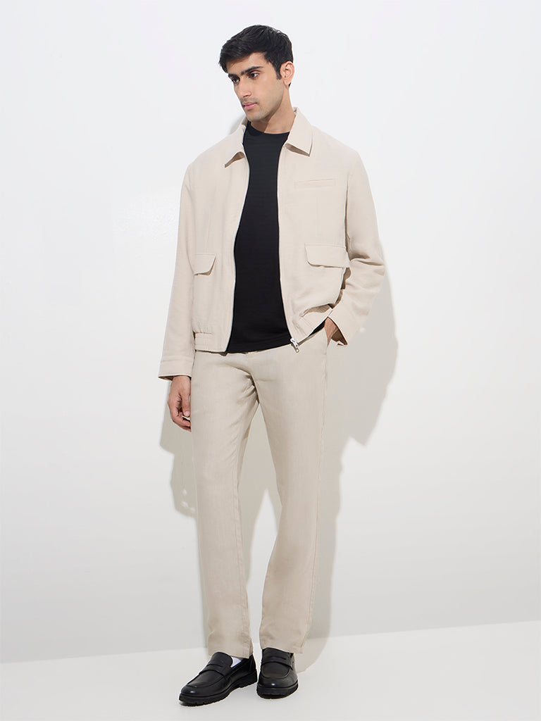 Westside Ascot Men's Beige Solid Relaxed-Fit Jacket for Casual Wear Full View
