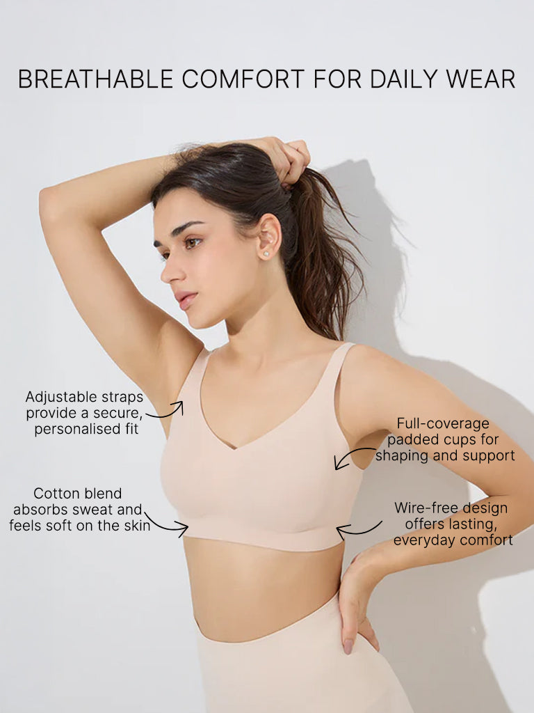 Westside Wunderlove Women's Beige Cotton-Blend Padded Full Coverage Bra for Casual Wear Infographics