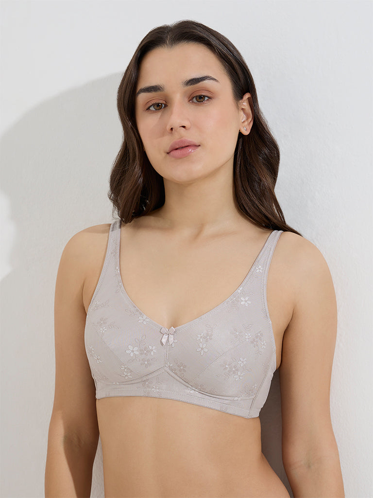 Westside Wunderlove Women's Light Grey Jacquard Floral Design Padded Bra for Casual Wear Front View