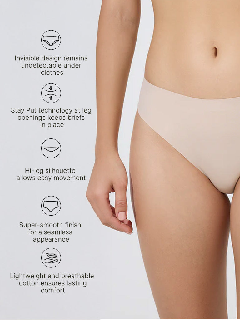 Westside Wunderlove Women's Beige Invisible Hi-Leg Cotton Briefs for Casual Wear Infographics