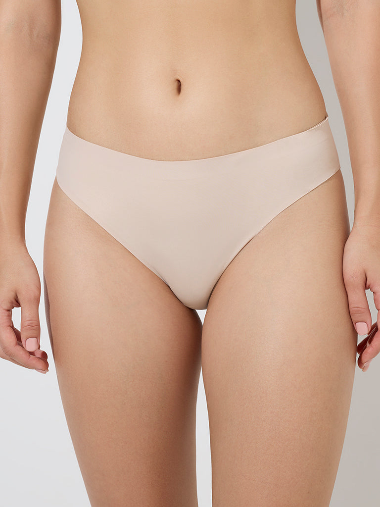 Westside Wunderlove Women's Beige Invisible Hi-Leg Cotton Briefs for Casual Wear Front View