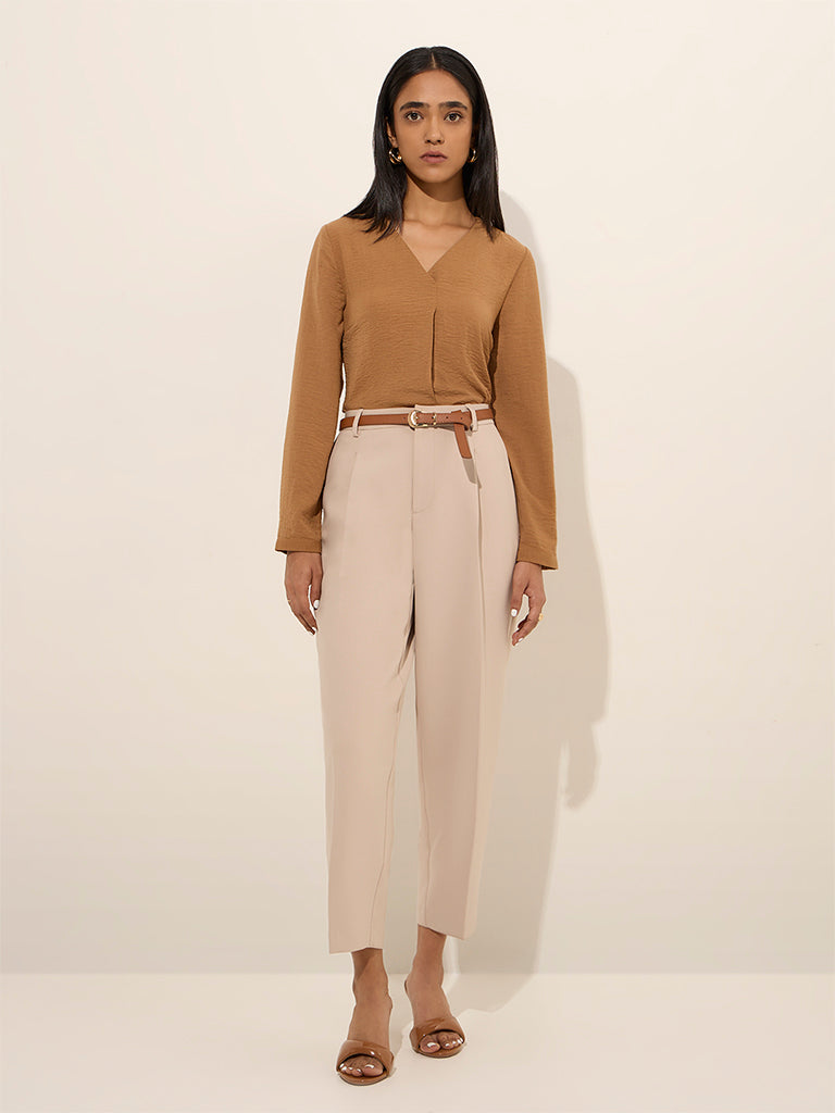 Westside Wardrobe Women's Beige High-Rise Trousers for Work Wear Full View