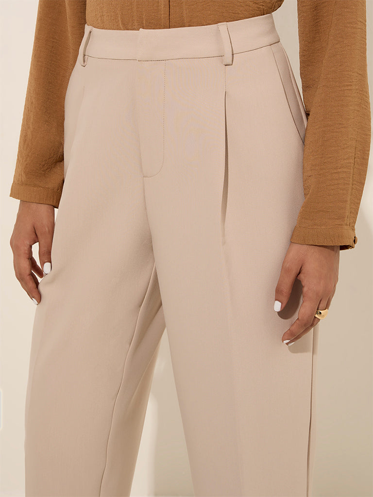 Westside Wardrobe Women's Beige High-Rise Trousers for Work Wear Zoomed View