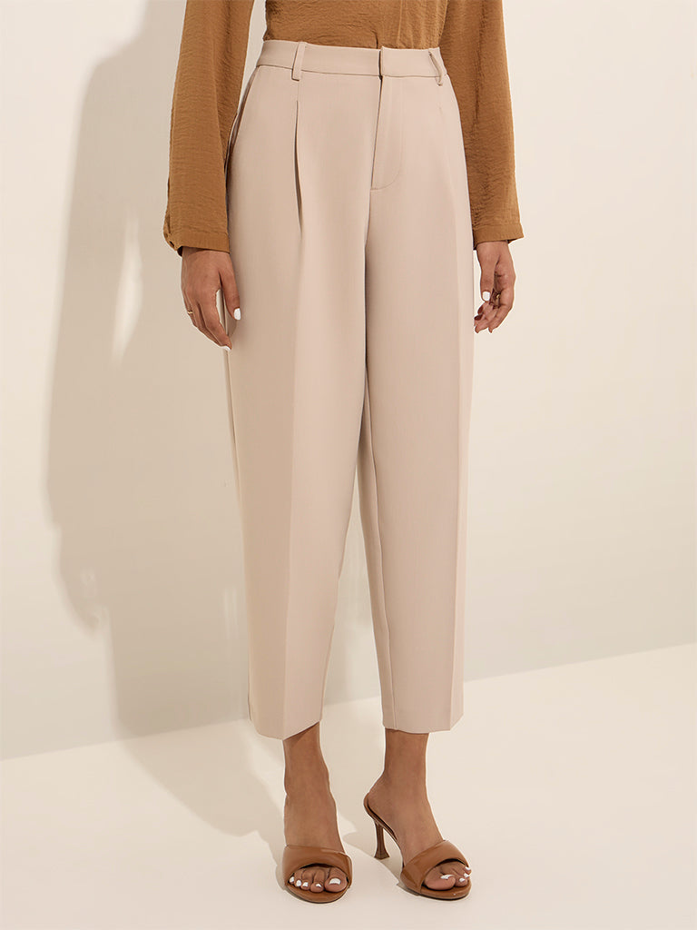 Westside Wardrobe Women's Beige High-Rise Trousers for Work Wear Front View
