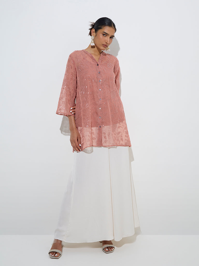 Westside Vark Women's Dusty Peach Sequin-Detailed Tunic with Camisole Set for Festive Wear Full View
