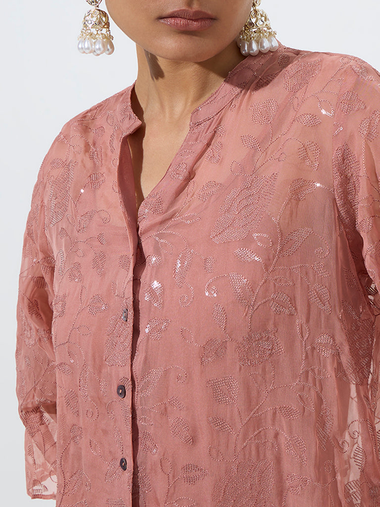 Westside Vark Women's Dusty Peach Sequin-Detailed Tunic with Camisole Set for Festive Wear Zoomed View
