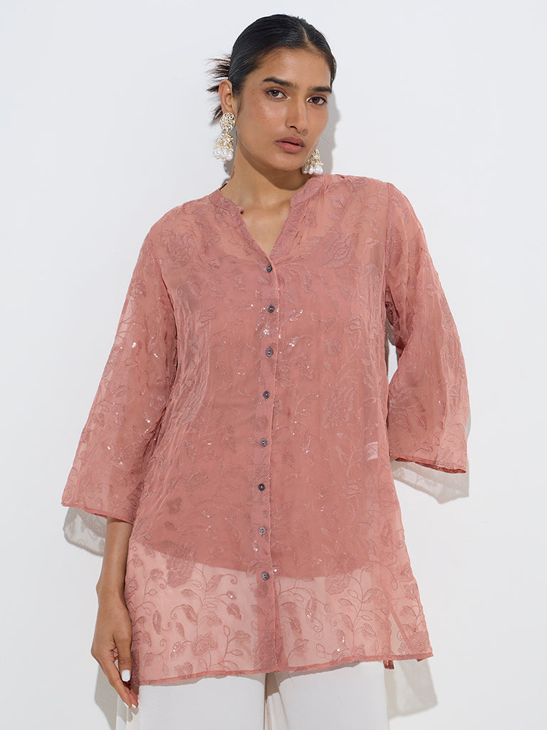 Westside Vark Women's Dusty Peach Sequin-Detailed Tunic with Camisole Set for Festive Wear Front View