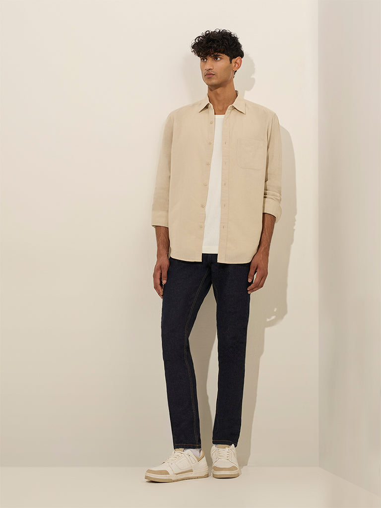 Westside WES Casuals Men's Beige Solid Relaxed-Fit Cotton Shirt for Casual Wear Full View