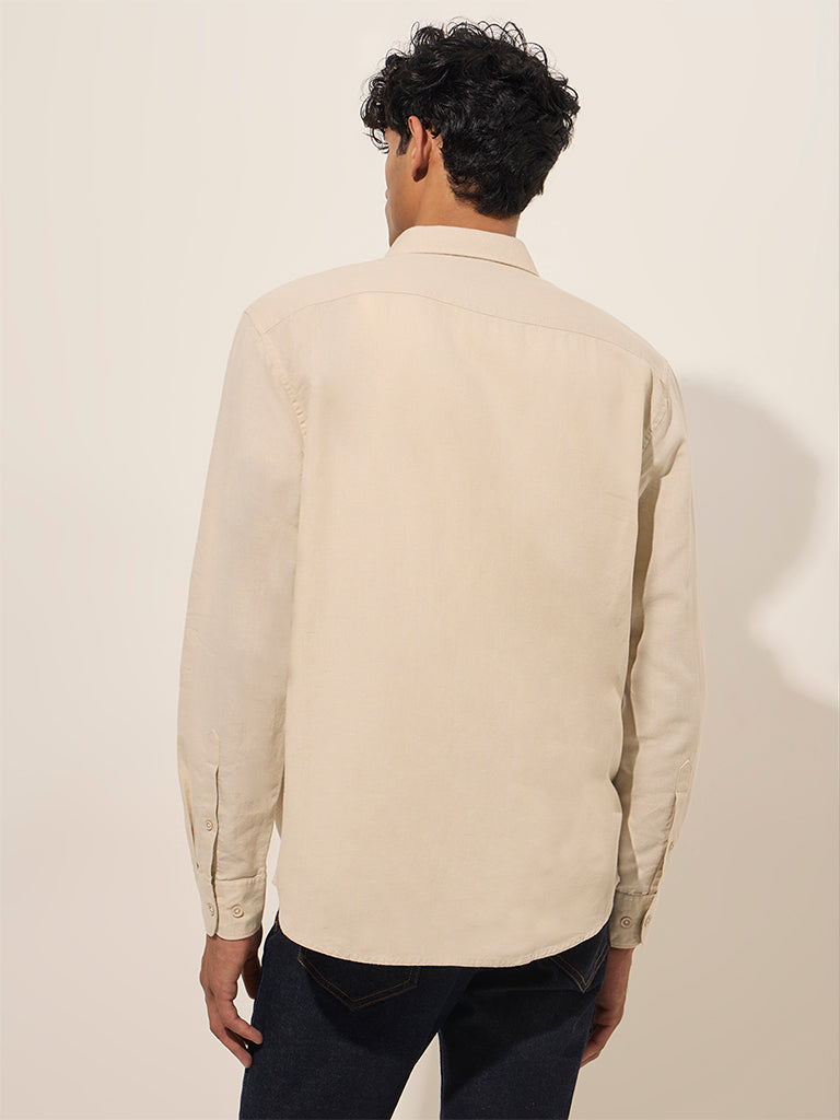 Westside WES Casuals Men's Beige Solid Relaxed-Fit Cotton Shirt for Casual Wear Back View