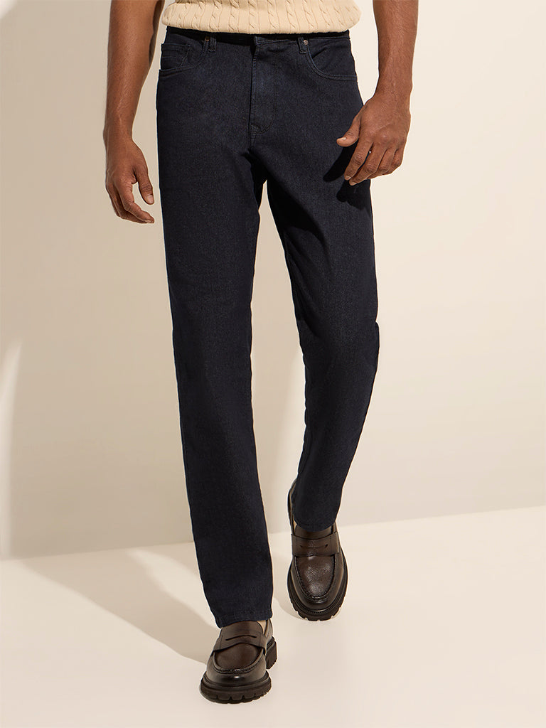 Westside Ascot Men's Dark Blue Relaxed-Fit Mid-Rise Jeans for Casual Wear Front View