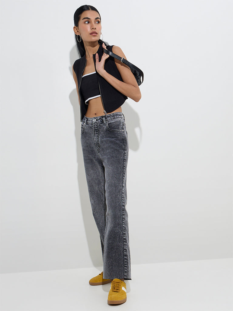 Westside Nuon Women's Grey Washed Straight-Fit High-Rise Jeans for Casual Wear Full View