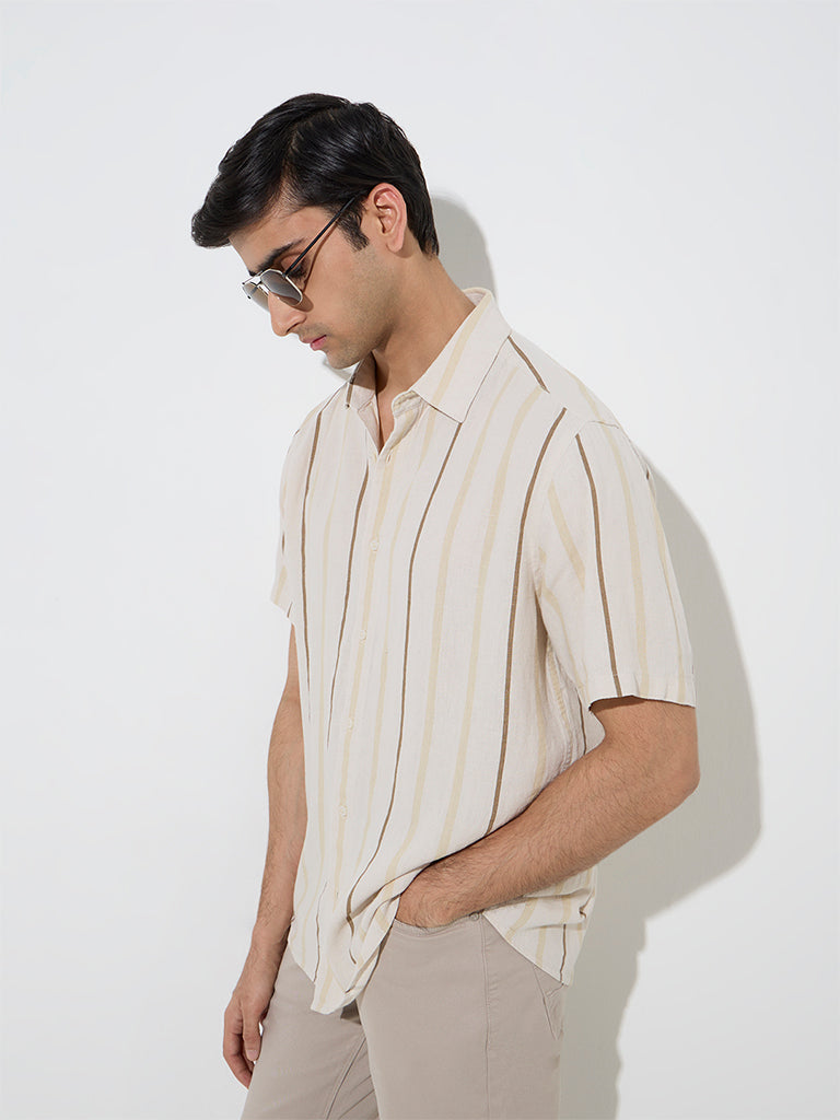 Westside Ascot Men's Beige Striped Relaxed-Fit Shirt for Casual Wear Front View