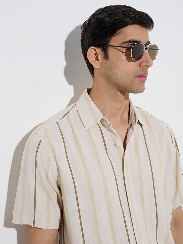 Westside Ascot Men's Beige Striped Relaxed-Fit Shirt for Casual Wear Zoomed View