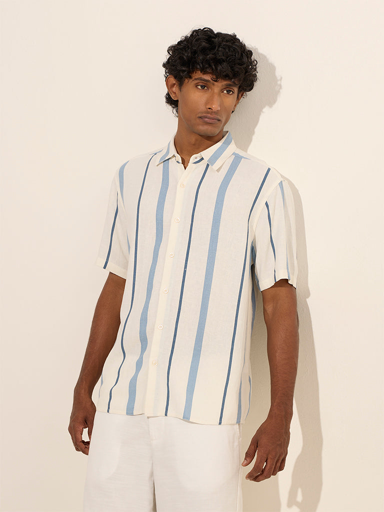 Westside Ascot Men's White Striped Relaxed-Fit Shirt for Casual Wear Front View
