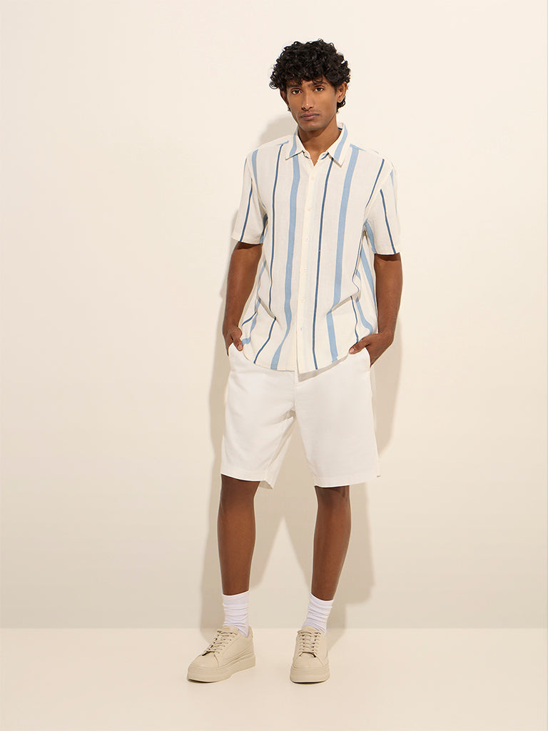 Westside Ascot Men's White Striped Relaxed-Fit Shirt for Casual Wear Full View