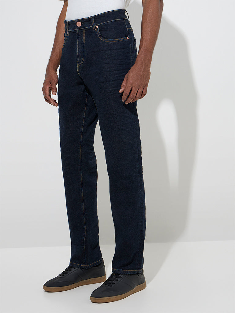 Westside WES Casuals Men's Dark Blue Relaxed-Fit Mid-Rise Denim Jeans for Casual Wear Front View