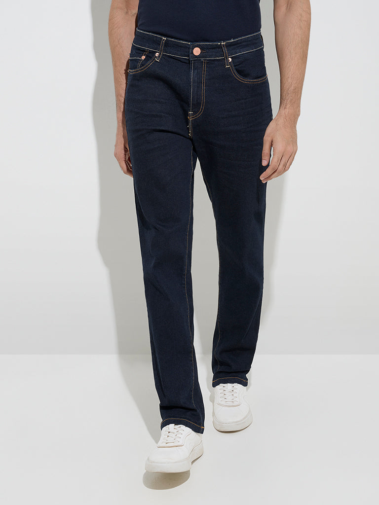 Westside WES Casuals Men's Dark Blue Relaxed-Fit Mid-Rise Jeans for Casual Wear Front View