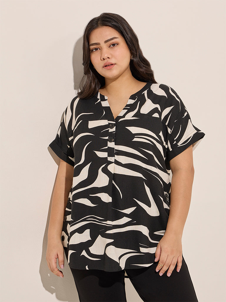 Westside Gia Women's Black Abstract Printed High-Low Cotton Top for Casual Wear Front View