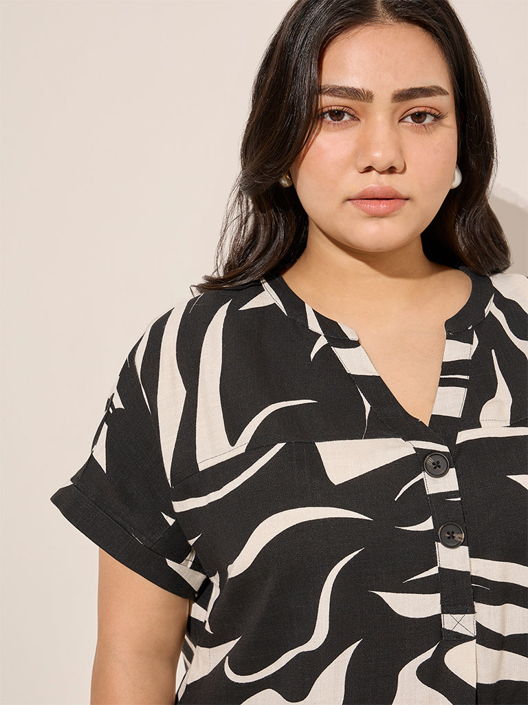 Westside Gia Women's Black Abstract Printed High-Low Cotton Top for Casual Wear Zoomed View