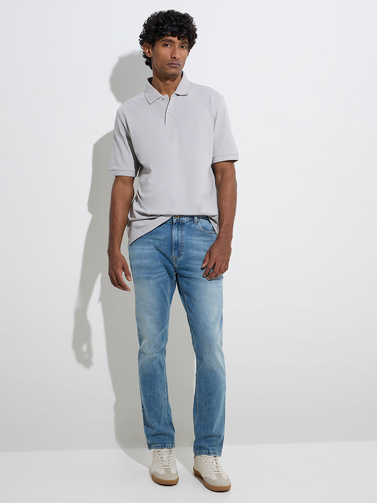 Westside WES Casuals Men's Blue Washed Slim-Fit Mid-Rise Jeans for Casual Wear Full View