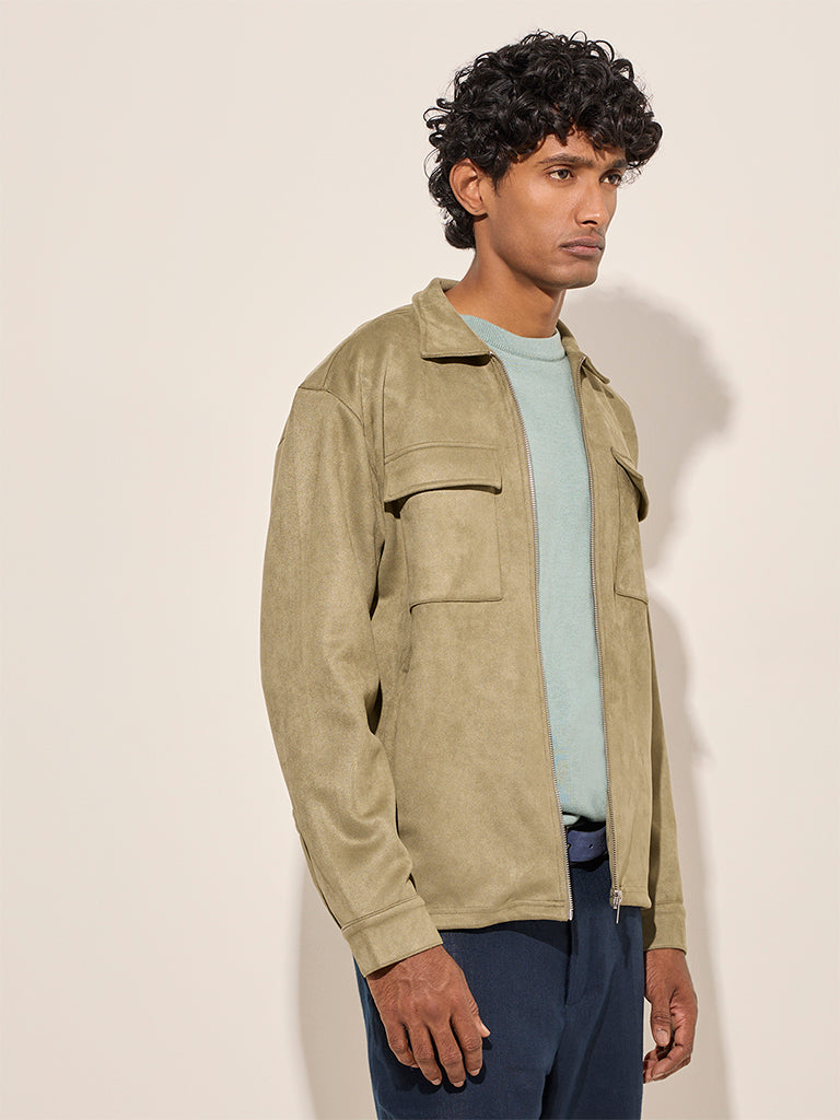 Westside Ascot Men's Olive Faux-Suede Relaxed-Fit Cotton-Blend Jacket for Casual Wear Front View