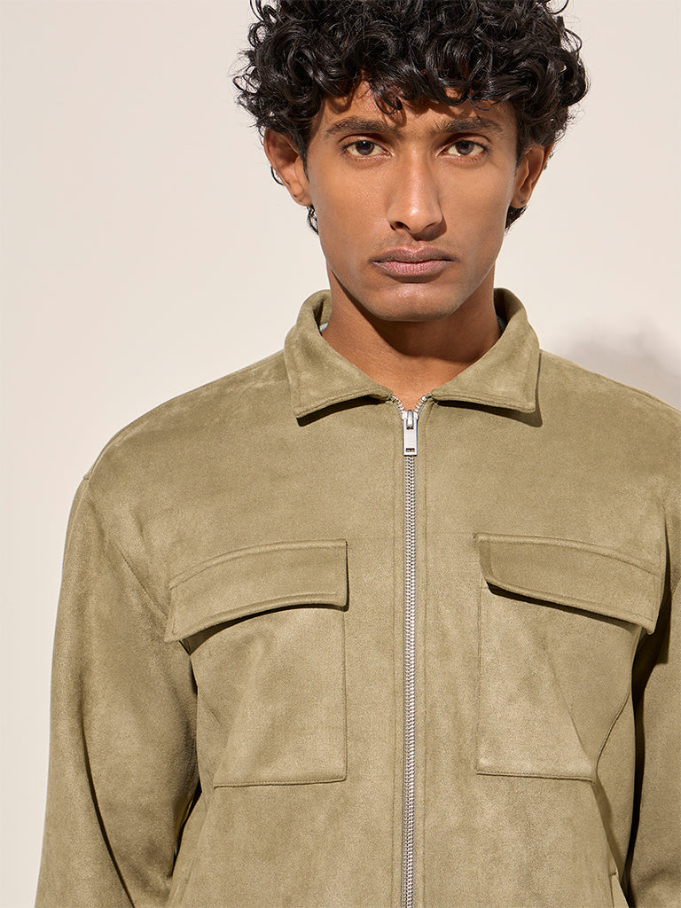 Westside Ascot Men's Olive Faux-Suede Relaxed-Fit Cotton-Blend Jacket for Casual Wear Zoomed View