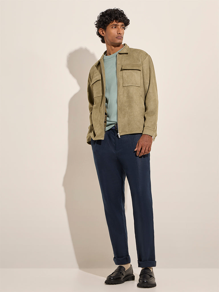 Westside Ascot Men's Olive Faux-Suede Relaxed-Fit Cotton-Blend Jacket for Casual Wear Full View