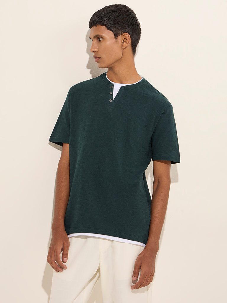 Westside ETA Men's Dark Green Solid Slim-Fit Cotton T-Shirt for Casual Wear Front View