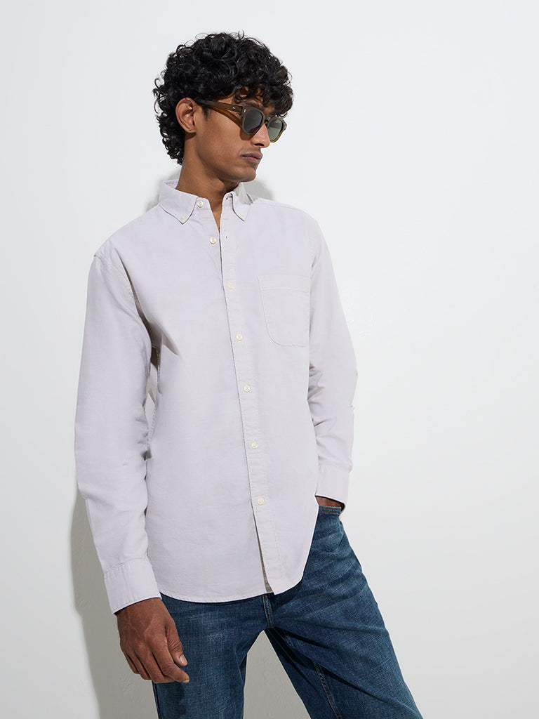 Westside WES Casuals Men's Off-White Solid Relaxed-Fit Cotton Shirt for Casual Wear Front View