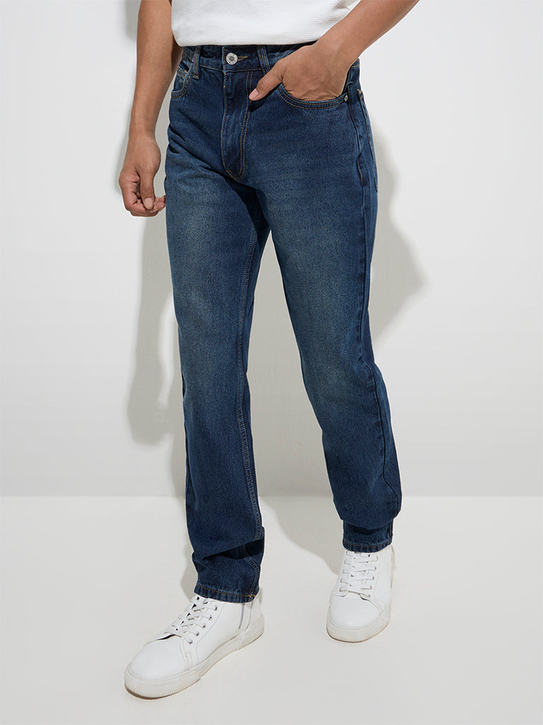 Westside Nuon Men's Dark Blue Relaxed-Fit Mid-Rise Jeans for Casual Wear Front View
