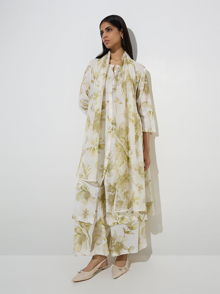 Westside Zuba Women's Green Floral Printed Palazzos for Work Wear Front View