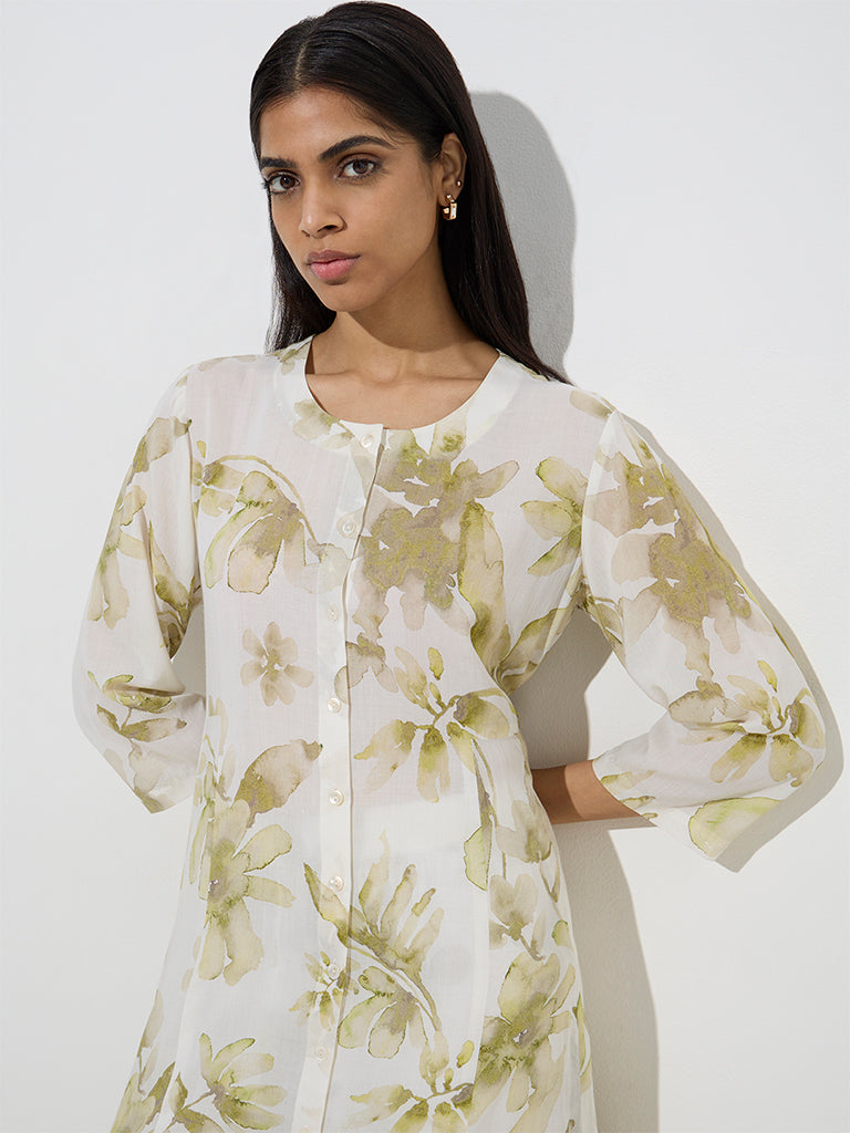 Westside Zuba Women's Green Floral Design A-Line Kurta for Work Wear Zoomed View