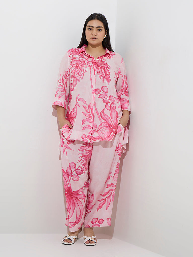 Westside Diza Women's Pink Foliage Printed High-Low Ethnic Tunic for Work Wear Front View