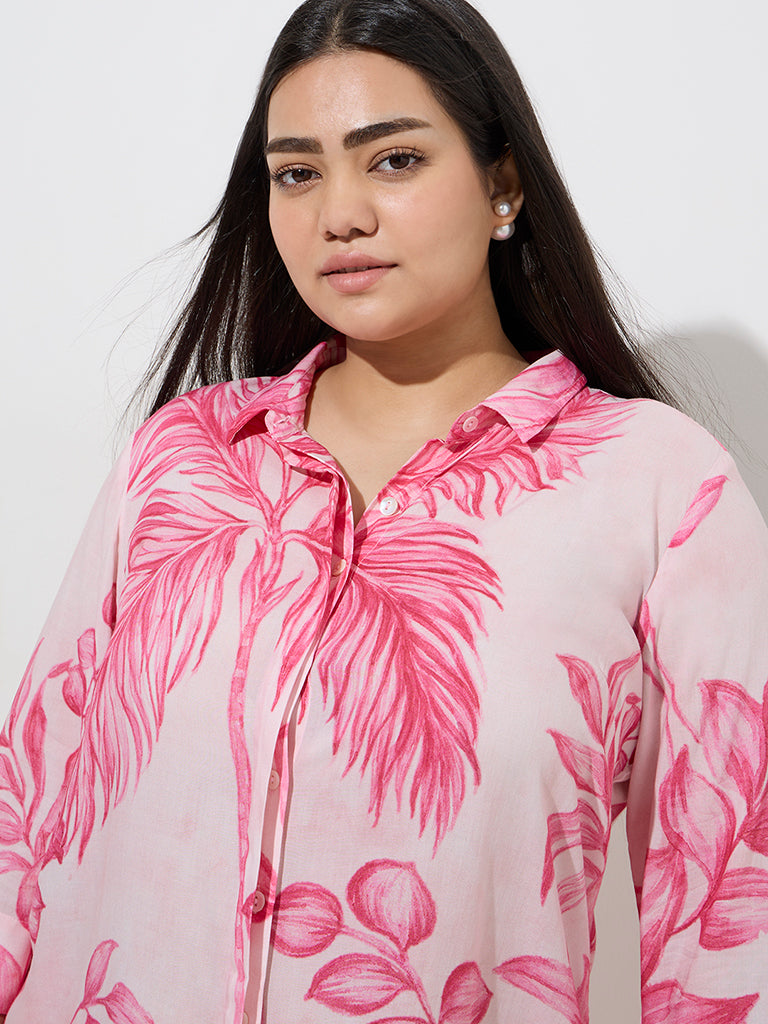 Westside Diza Women's Pink Foliage Printed High-Low Ethnic Tunic for Work Wear Zoomed View