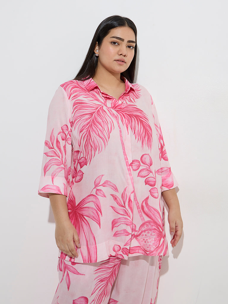 Westside Diza Women's Pink Foliage Printed High-Low Ethnic Tunic for Work Wear Front View