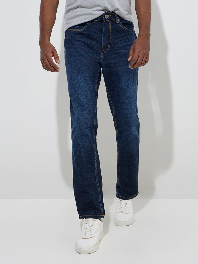 Westside WES Casuals Men's Dark Blue Relaxed-Fit Mid-Rise Jeans for Casual Wear Front View