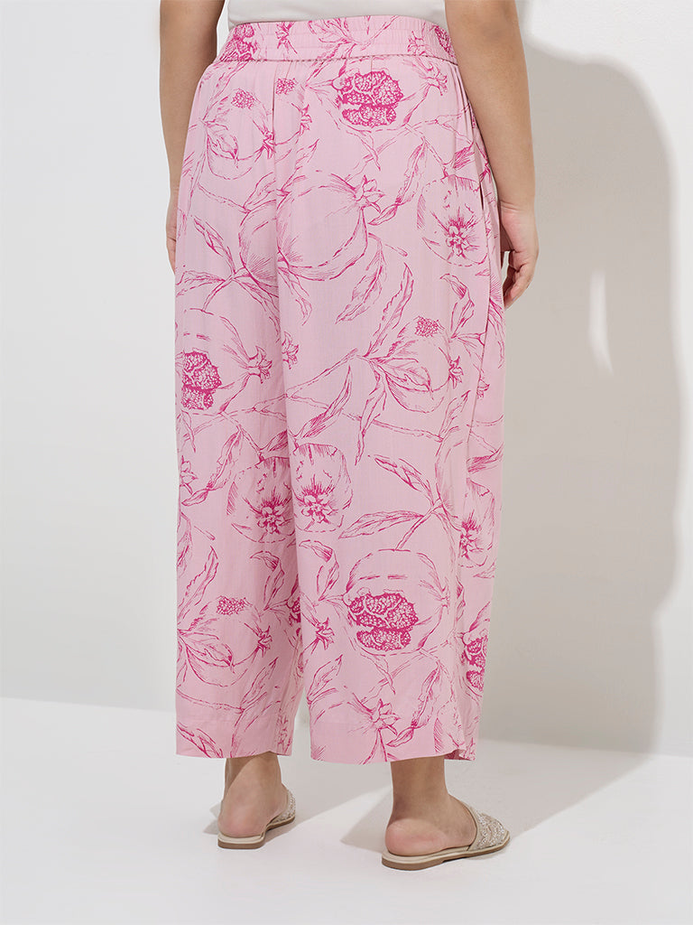 Westside Diza Women's Pink Floral Design Mid-Rise Palazzos for Everyday Back View