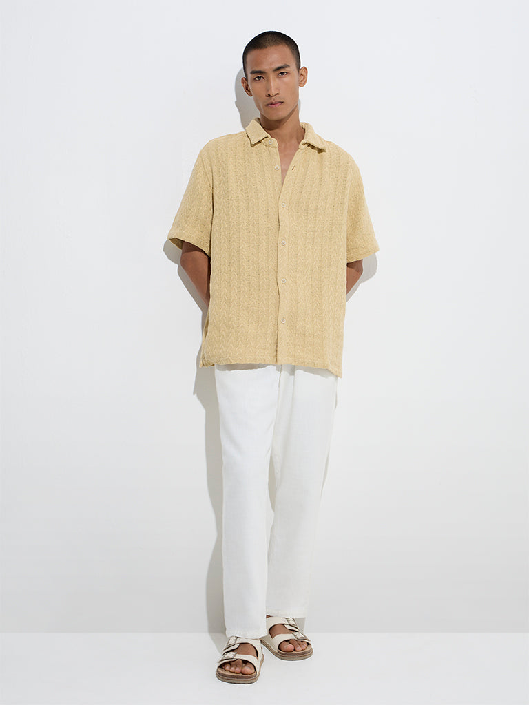 Westside ETA Men's Yellow Knit-Textured Relaxed-Fit Cotton Shirt for Casual Wear Front View
