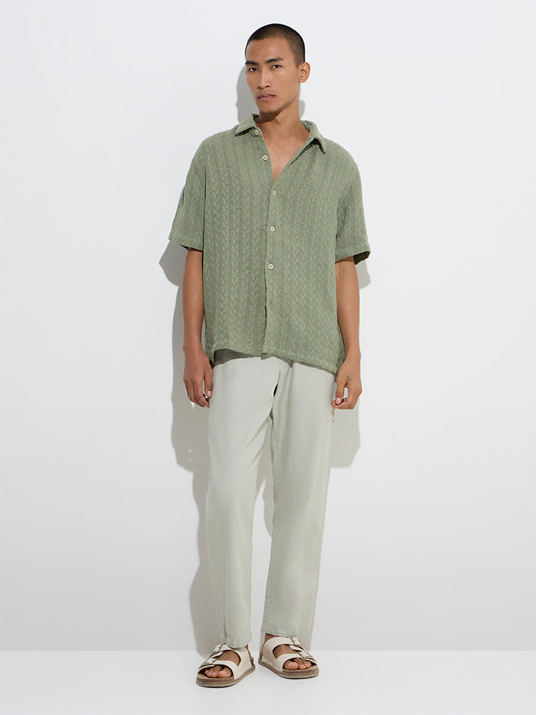 Westside ETA Men's Sage Knit-Textured Relaxed-Fit Cotton Shirt for Casual Wear Front View