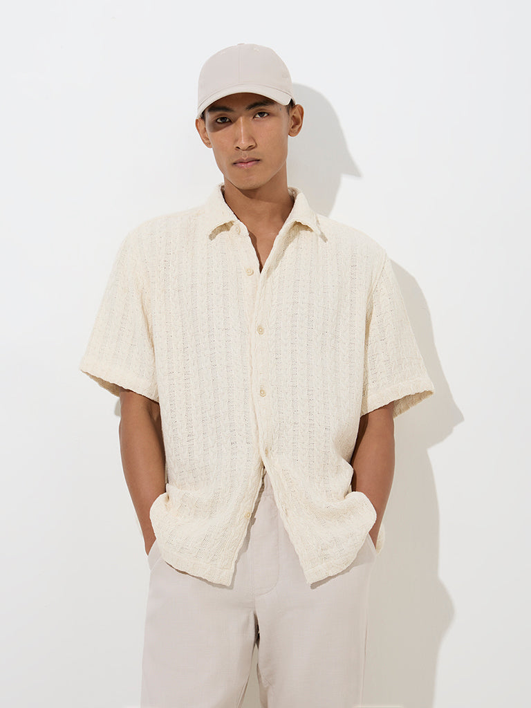 Westside ETA Men's Off-White Knit-Textured Relaxed-Fit Cotton Shirt for Casual Wear Front View