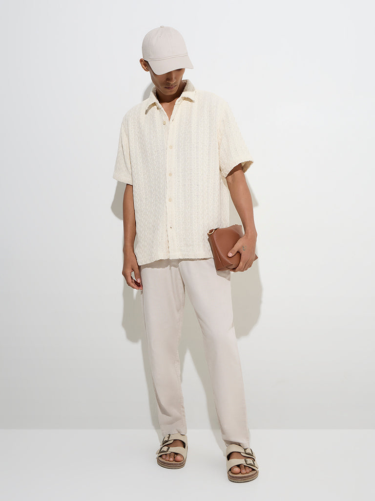 Westside ETA Men's Off-White Knit-Textured Relaxed-Fit Cotton Shirt for Casual Wear Front View