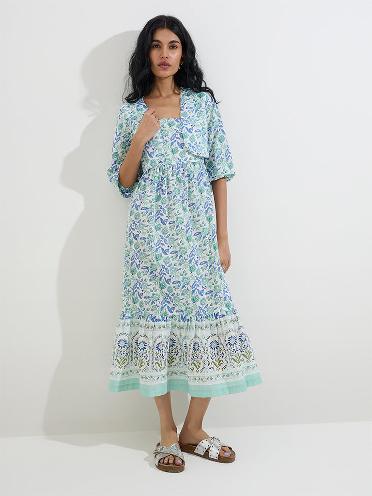 Westside Bombay Paisley Women's Blue Floral Printed Cotton Tiered Dress for Everyday Front View
