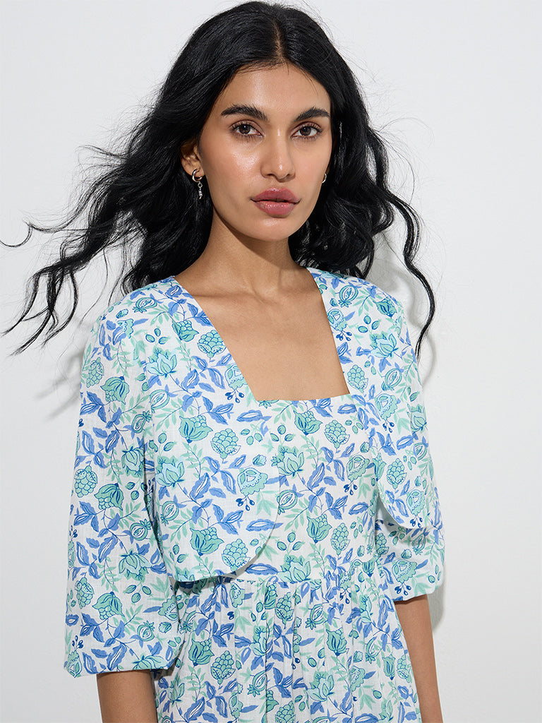Westside Bombay Paisley Women's Blue Floral Printed Cotton Tiered Dress for Everyday Zoomed View