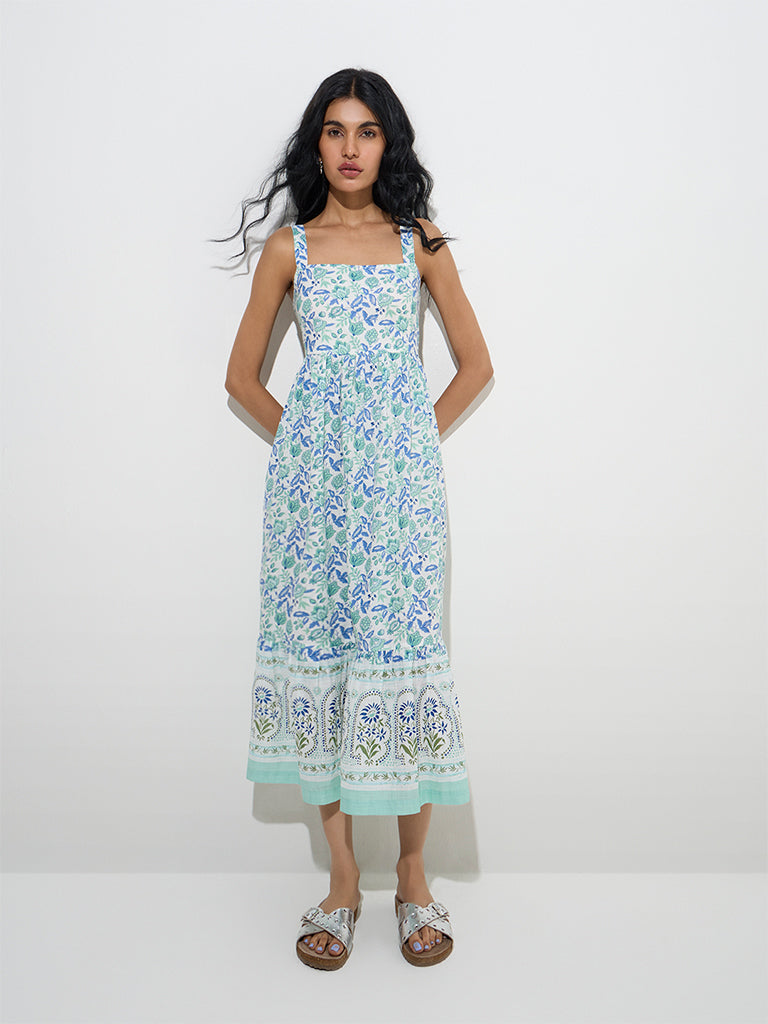 Westside Bombay Paisley Women's Blue Floral Printed Cotton Tiered Dress for Everyday Front View